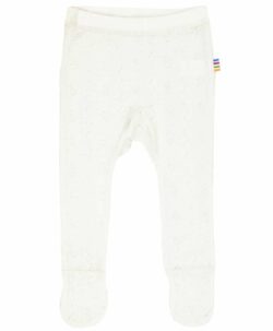 Søt Joha basic ull/silke babybukse med fot med mønster i ullstoffet (pointelle) i en myk og lett kvalitet. Laget av 85% ull og 15% silke. Ullens temperatur regulerende egenskaper gjør at den varmer når det er kaldt og svaler når det er varmt. Sertifiseringer: OEKO-TEX® Standard 100 & Woolmark Wool Rich Blend.