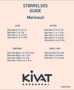 Størrelsesguide for finske Kivat for plagg i merinoull. Dresser, luer votter, babyluer, pannebånd