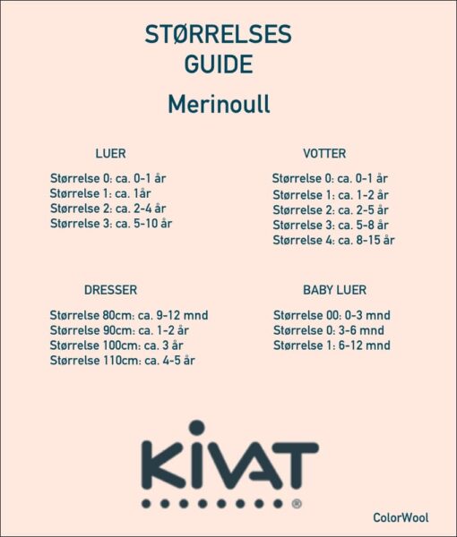 Størrelsesguide for finske Kivat for plagg i merinoull. Dresser, luer votter, babyluer, pannebånd