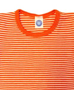 Cosilana t-skjorte i økologisk ull/silke striper natur og orange nærbilde