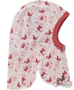 Myk balaclava lue fra ColorWool Merino med søte blomster og sommerfugler. Luen er fin som sovelue i vogna eller under sykkelhjelmen i litt ruskevær. Luen er ikke vindtett. Laget av 95% merinoull og 5% polyamid. En super ullkvalitet som holder seg fint vask etter vask. Sertifisert med Standard 100 fra OEKO-TEX®.